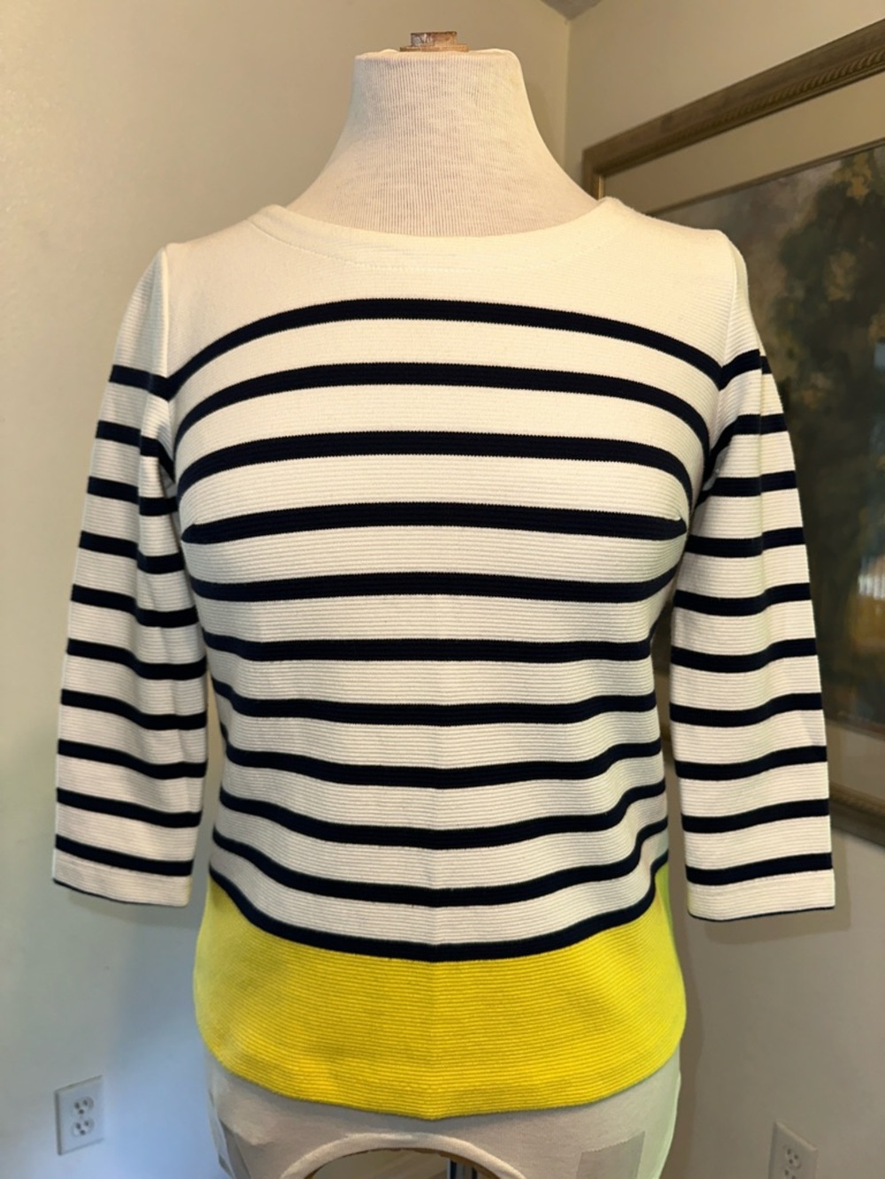 Talbots Petites Top - Striped Boatneck with Yellow Hem & 3/4 Sleeves Size P